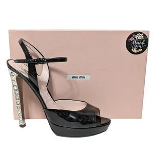 MIU MIU Black Patent Crystal Heeled Platform Peep Toe Sandals 40